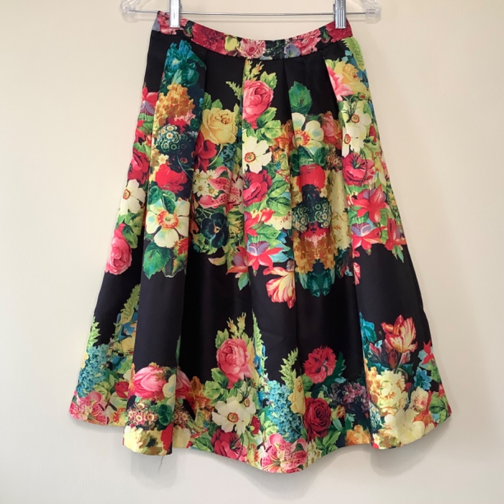 Modern Vintage Volume Pleated A Line Skirt Pocket Floral Vivid Red Yellow Black - Picture 4 of 6